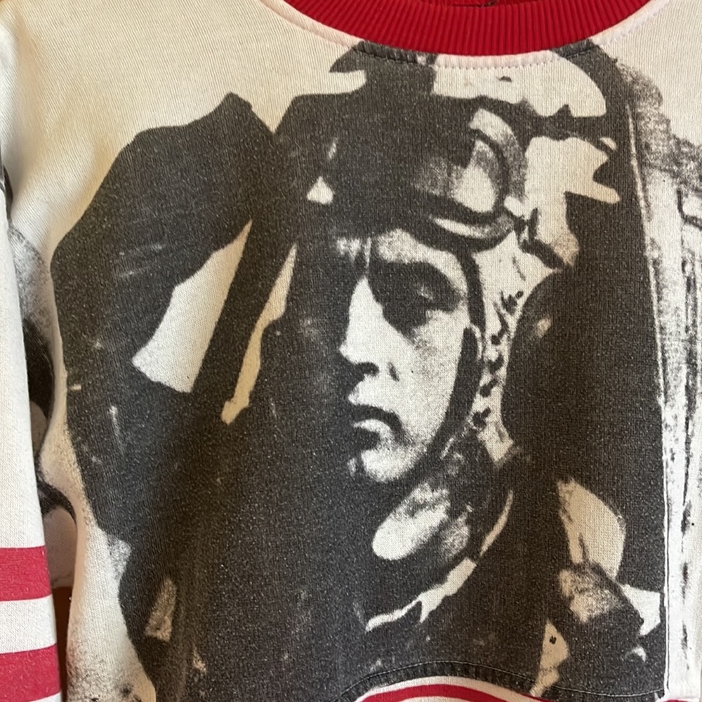 Vintage 80s Sassoon red & white stripe patchwork Armed Forces tribute sweatshirt - Picture 5 of 7